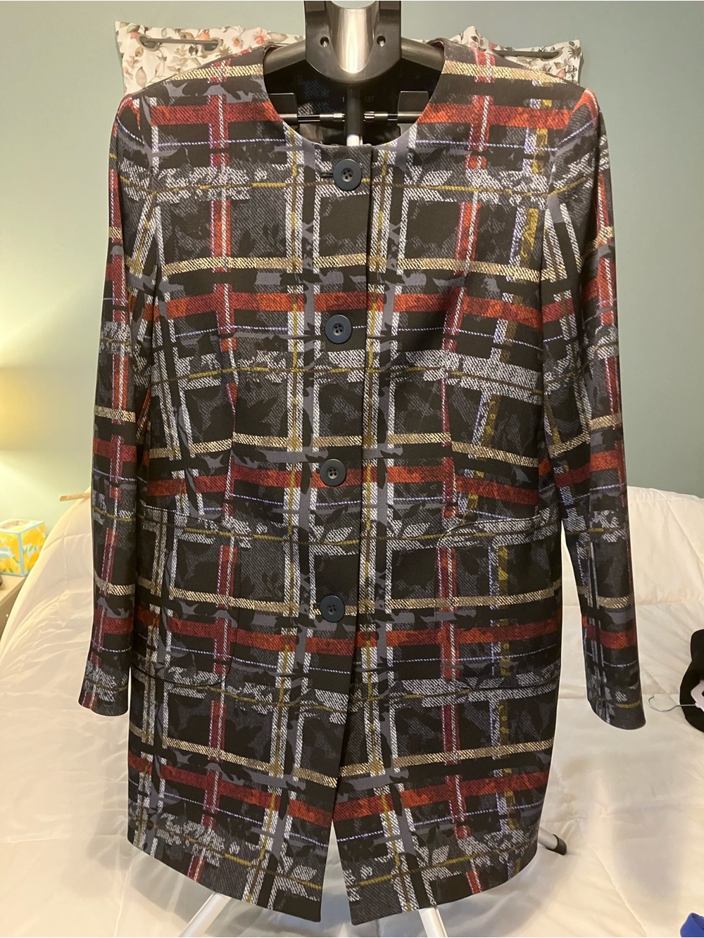 Nine West Plaid Button Front Jacket Coat Size 12 Black Red Longline